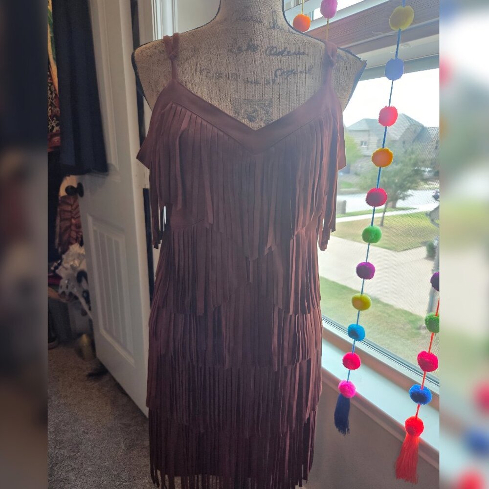 Idyllwind Brown Tiered Fringe Slip Dress